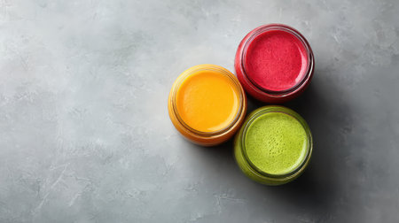 Three colorful jars filled with fresh juices sit on a textured gray background, highlighting nutrition and healthy choices. Ideal for food and wellness themes.の素材