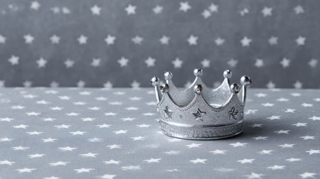 This image features a stunning silver crown atop a grey fabric adorned with star patterns, making it a perfect choice for celebrations, events, and creative projects.の素材