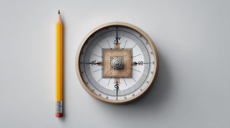A vintage compass paired with a yellow pencil on a sleek gray background, representing navigation and exploration themes, perfect for creative and educational projects.の素材