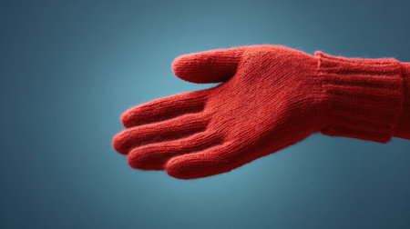 A close-up of a red knitted glove reaching out, evocative of warmth and comfort in winter. Ideal for seasonal, fashion, and cozy lifestyle themes.の素材