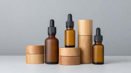 An elegant collection of brown glass bottles and wooden containers arranged on a clean surface, perfect for showcasing natural beauty and skincare products in a minimalist setting.の素材