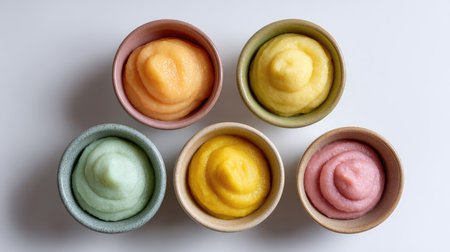Delight in a visually appealing display of colorful fruit sorbets in bowls. Perfect for summertime desserts, these treats are refreshing and vibrant, ideal for any gathering.の素材