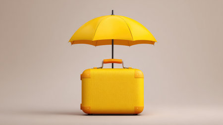 A vibrant yellow umbrella provides protection over a stylish yellow suitcase, creating a cheerful visual perfect for travel-themed designs and modern aesthetics.の素材