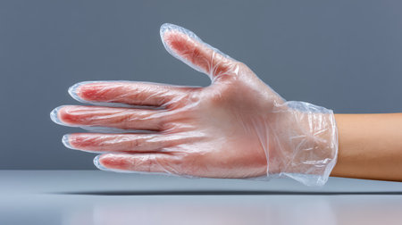 A close-up of a transparent disposable glove worn on a human hand, emphasizing hygiene and safety in medical and professional environments. Ideal for health-related visuals.の素材