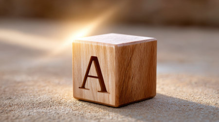A beautifully crafted wooden block featuring the letter A, placed on a textured surface with soft light, perfect for childhood education and minimalistic decor inspirations.の素材
