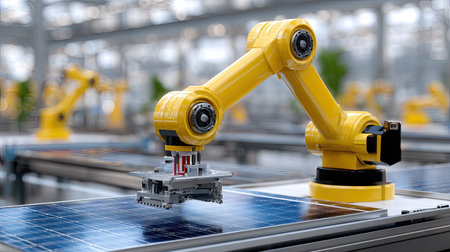 A vibrant industrial robot arm operates on a solar panel production line in a modern facility, showcasing the synergy between technology and renewable energy solutions.の素材