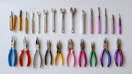 A well-organized collection of various hand tools including wrenches, pliers, and screwdrivers displayed on a white background. Perfect for DIY projects and workshops.の素材