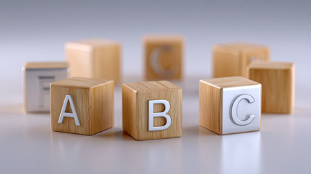 Explore a set of wooden alphabet blocks arranged in a bright and minimalist setting, perfect for creative play, educational activities, and early childhood development.の素材