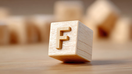 This image features a wooden block with the letter "F", perfect for educational themes related to childhood learning, creative play, and early language development.の素材