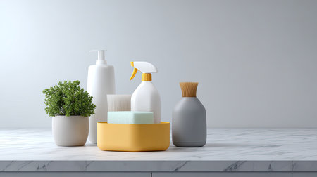 A stylish arrangement of modern cleaning supplies, including sponges and a spray bottle, set against a minimalist marble countertop with a green plant.の素材