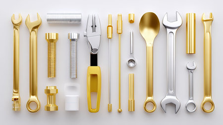 Explore this vibrant collection of golden tools arranged neatly on a white background, showcasing the diversity of hand tools for various repair and maintenance tasks.の素材