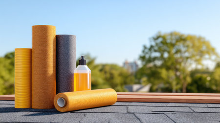 A vibrant display of roofing materials and tools sits on a rooftop, illuminated by natural sunlight, emphasizing the importance of quality in construction and renovation.の素材