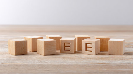 A set of wooden blocks featuring the letter E, arranged on a wooden surface. The minimalist design and natural texture create an inviting scene suitable for educational or decorative use.の素材