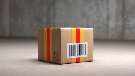 A simple brown cardboard box with prominent colorful stripes and a barcode stands on a textured concrete surface, perfect for representing shipping and packaging themes.の素材