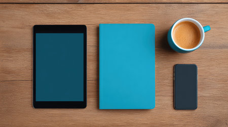 This modern flat lay features a tablet, notebook, smartphone, and coffee cup on a wooden surface, perfect for illustrating productivity, creativity, and modern work life.の素材