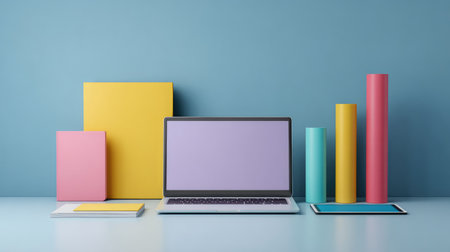 A vibrant modern workspace featuring a laptop, colorful stationery, and geometric elements against a soothing blue backdrop, ideal for creative projects and productivity inspiration.の素材