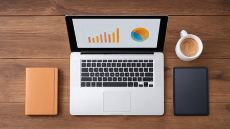 A stylish workspace featuring a laptop with visual data, a tablet, a notebook, and a steaming cup of coffee, ideal for modern professionals and entrepreneurs seeking inspiration.の素材
