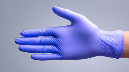 A close-up of a single hand wearing a purple latex glove, set against a soft gray background, ideal for health, safety, and cleanliness in professional medical contexts.の素材