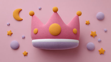 A charming pink crown surrounded by whimsical shapes, stars, and a moon, perfect for children's parties and activities that celebrate creativity and imagination.の素材