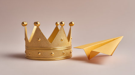 A striking image featuring a golden crown alongside a paper airplane, symbolizing creativity and achievement, set against a soft backdrop that enhances their elegance and charm.の素材