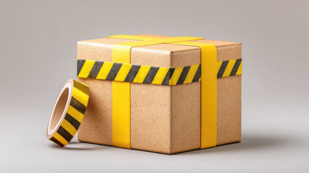 A cardboard box featuring a striking yellow and black caution tape, perfect for conveying themes of safety and uniqueness in delivery, storage, or creative projects.の素材