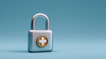 A silver padlock featuring a golden cross symbol symbolizes health security and safety in medical contexts, set against a soothing blue background for visual appeal.の素材