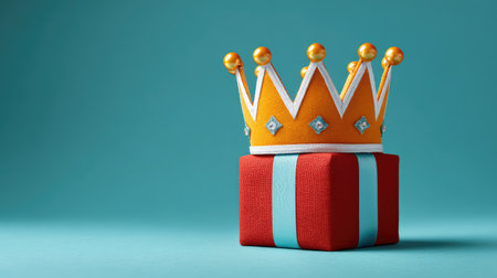 A vibrant gift box topped with a golden crown, set against a soft blue backdrop, ideal for themes of celebration, joy, and creative decoration for events.の素材