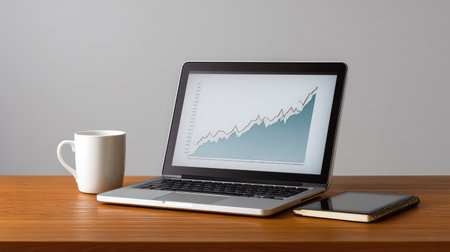 A clean workspace featuring a laptop displaying a growth graph, a coffee mug, and a notepad, ideal for business themes, financial planning, and productivity.の素材