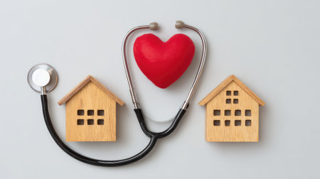 A stethoscope, wooden house models, and a vibrant red heart illustrate the connection between healthcare and home care, promoting wellness and community support.の素材