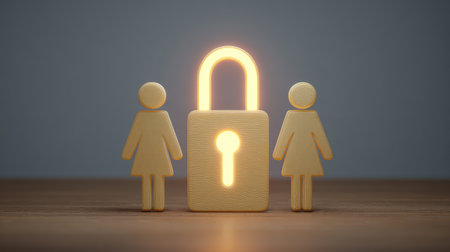 This image symbolizes gender equality and partnership, featuring two figures flanking a glowing padlock, representing the unity and security in relationships.の素材