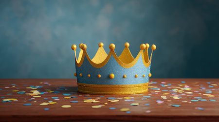 A delightful blue and gold paper crown rests on a wooden surface, surrounded by vibrant confetti, ideal for enhancing festive occasions and celebrations with a whimsical touch.の素材