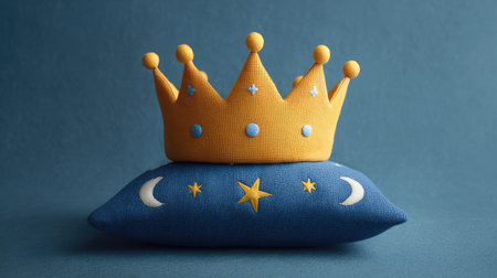 A vibrant crown pillow in yellow rests atop a blue pillow featuring moon and star patterns, creating a whimsical touch perfect for children's decor and cozy spaces.の素材