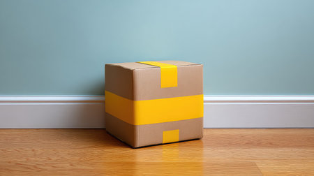 A simple cardboard box with yellow tape sits against a blue wall on wooden flooring, offering a contemporary visual for delivery and storage themes in modern environments.の素材