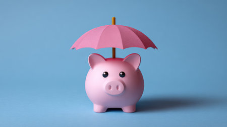 A charming pink piggy bank with a pink umbrella symbolizes financial safety and savings. The playful design and colors create a vibrant visual for finance concepts.の素材