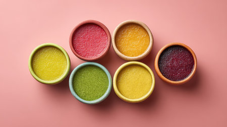 A stunning arrangement of colorful desserts in small bowls set against a soft pink background, perfect for inspiring culinary creations. The vibrant colors and textures invite indulgence.の素材