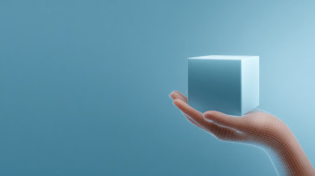 A stylized hand gracefully holds a sleek, digital cube against a soft blue backdrop, symbolizing modern technology and innovation in a clean, abstract design.の素材
