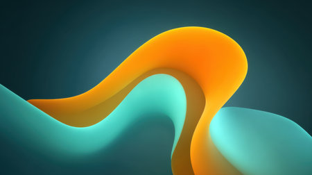 This image features vibrant, flowing abstract shapes in orange and teal against a dark backdrop, creating a dynamic and modern visual appeal perfect for creative projects.の素材