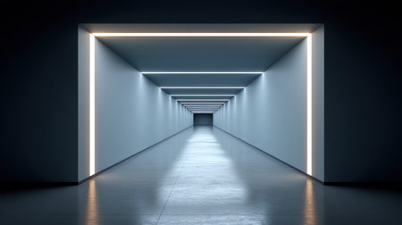 This image captures a futuristic corridor featuring glowing lines that create an immersive depth. The minimalist design highlights the smooth floor and modern aesthetics.の素材