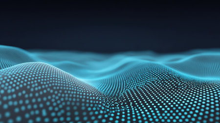 This mesmerizing abstract image showcases flowing waves of blue dots illuminated by vivid light, creating a captivating digital landscape against a dark backdrop.の素材