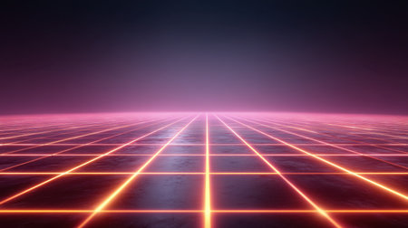 A mesmerizing futuristic landscape featuring a neon grid illuminated by vibrant pink and blue lights. The smooth surface reflects the colors, creating a dreamlike atmosphere.の素材