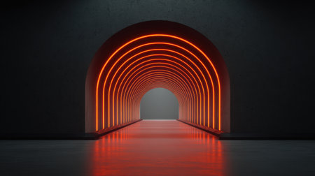 A stunning futuristic corridor featuring glowing neon arches, creating a captivating and immersive atmosphere ideal for modern architectural themes and artistic visuals.の素材