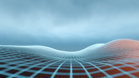 A stunning abstract digital landscape featuring smooth flowing lines and a grid pattern set against a cloudy sky, evoking a sense of depth and futuristic motion.の素材