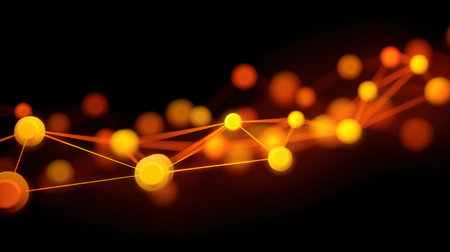 This abstract image features an eye-catching network of glowing yellow and orange spheres connected by thin lines, set against a dark background. Ideal for technology and innovation themes.の素材