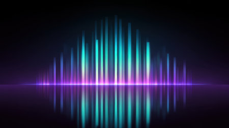 This image features a stunning neon sound wave visualization with vibrant colors reflecting on a dark background, evoking themes of music, technology, and modern design.の素材