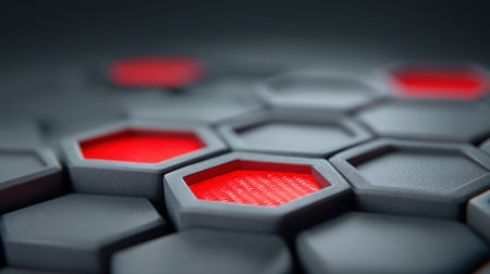 Explore this captivating dark hexagonal pattern showcasing vibrant red highlights. Perfect for creative backgrounds, modern designs, and abstract art concepts.の素材