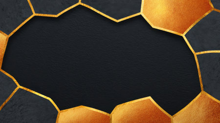 This artistic background features intricate golden honeycomb textures surrounding a dark center space, perfect for creative designs, presentations, and graphic projects.の素材