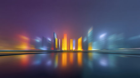 A stunning night view of a city skyline softly blurred, showcasing vibrant lights reflecting on calm water. The atmospheric haze adds tranquility to the urban landscape.の素材