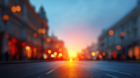 A dreamy view of an urban street at sunrise, with blurred buildings and warm lighting creating a serene atmosphere perfect for backgrounds or visual projects.の素材