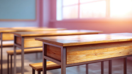 A serene classroom scene featuring wooden desks and chairs, illuminated by natural light. The inviting atmosphere is perfect for learning and creativity.の素材