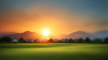 Captivating view of a sunset over a mountain landscape, featuring a lush green field in the foreground, evoking feelings of peace and natural beauty.の素材